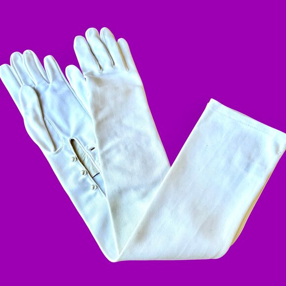 SEARS Vintage Opera Gloves White Nylon Stretch Long Formal Buttons Size A New - Picture 2 of 10